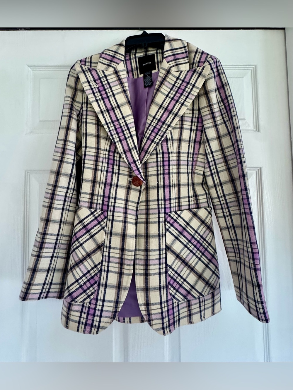 Smythe Birkin Plaid Wool Linen Blazer Leather Elbow Patches Size 2